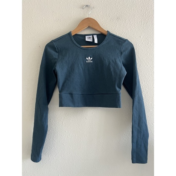 adidas Tops - Adidas Ribbed Long Sleeve T-Shirt Teal Green Cropped Athleisure Sporty Casual